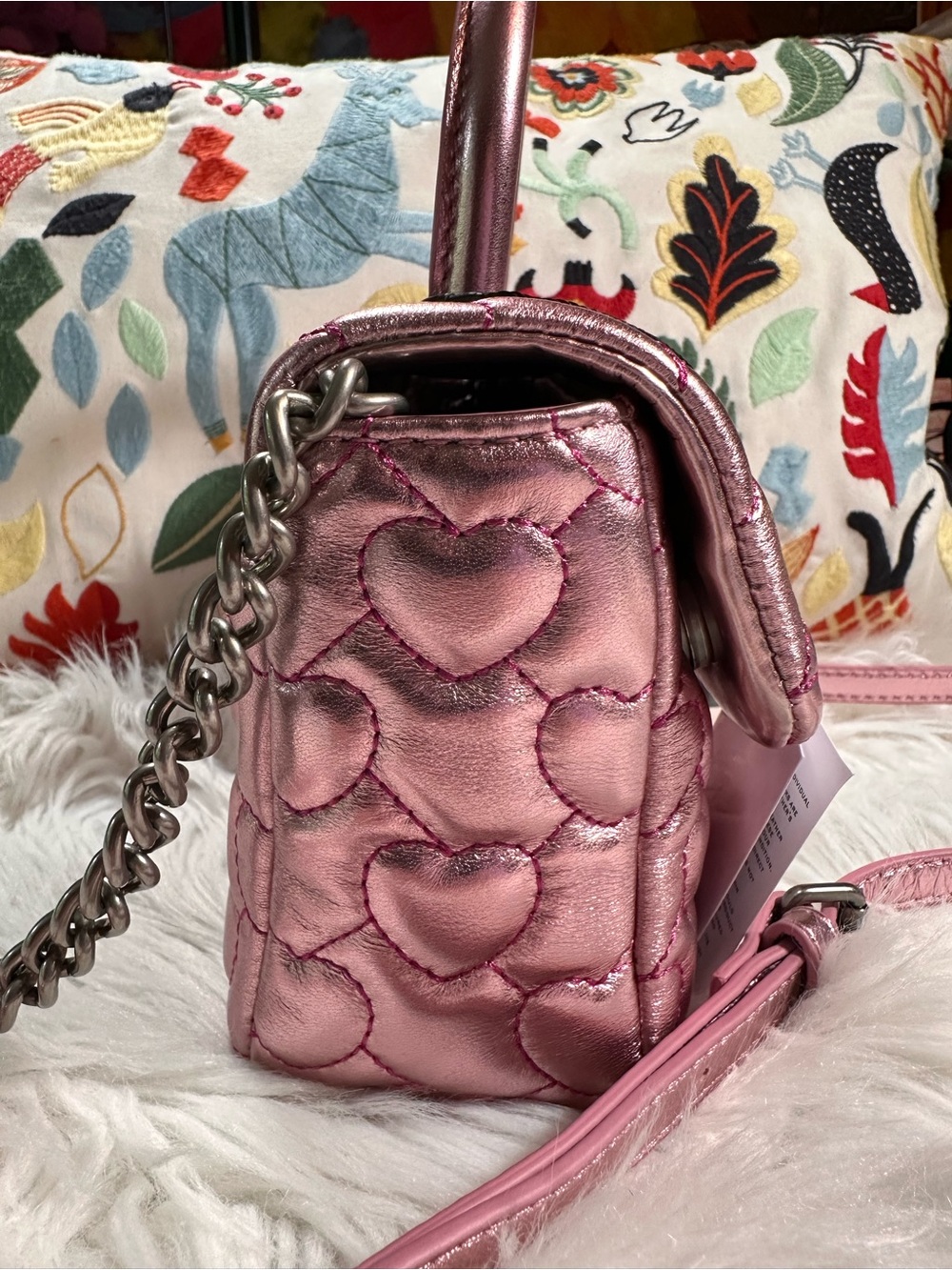 Kurt Geiger • The Brixton Quilted Heart Metallic Leather Top Handle Purse - Picture 8 of 17